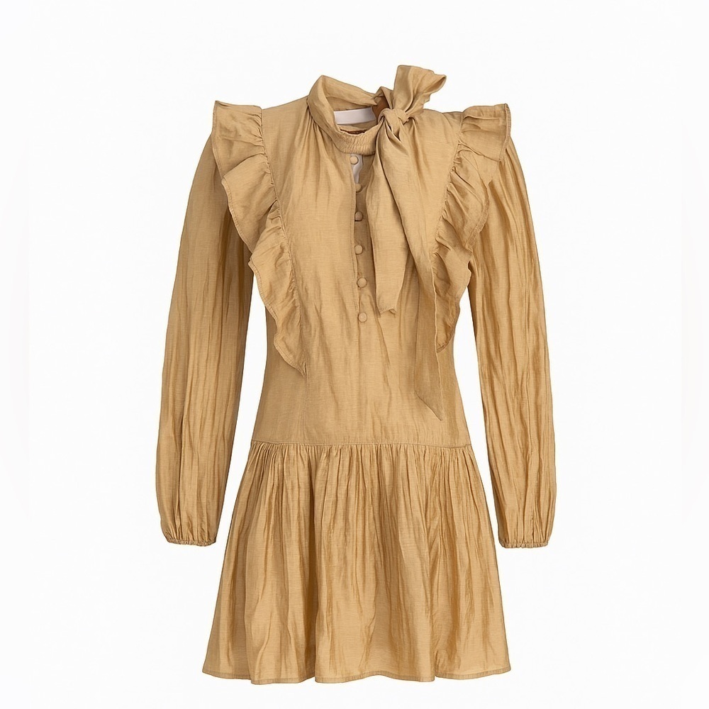 Tanya Taylor tan long sleeve mini dress button up tie neck ruffle puff sleeve